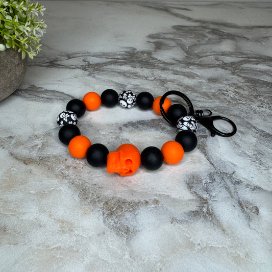 Silicone Bracelet Keychain - Halloween Skull - Orange