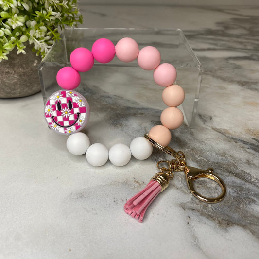 Silicone Bracelet Keychain - Happy Face - Pink