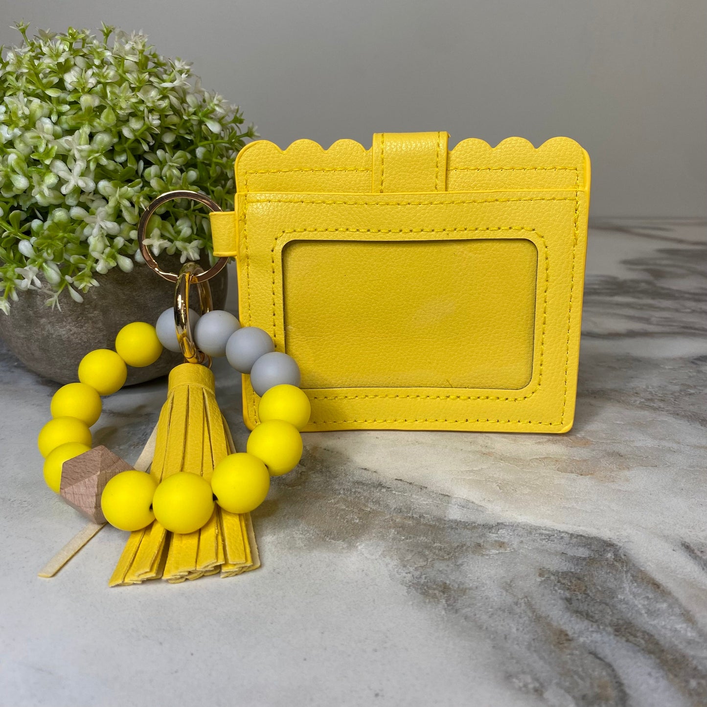 Silicone Bracelet Keychain with Scalloped Card Holder - Yellow Mustard