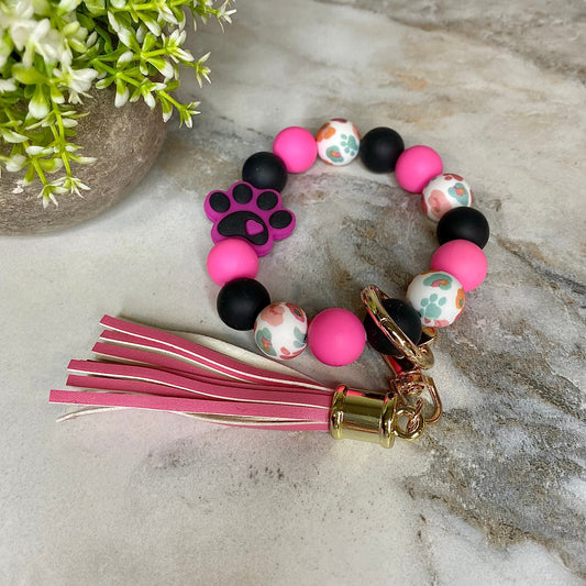 Silicone Bracelet Keychain - Paw Print Hot Pink