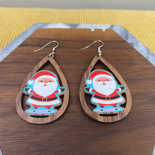 Wooden Teardrop Cutout Earrings - Christmas - Santa