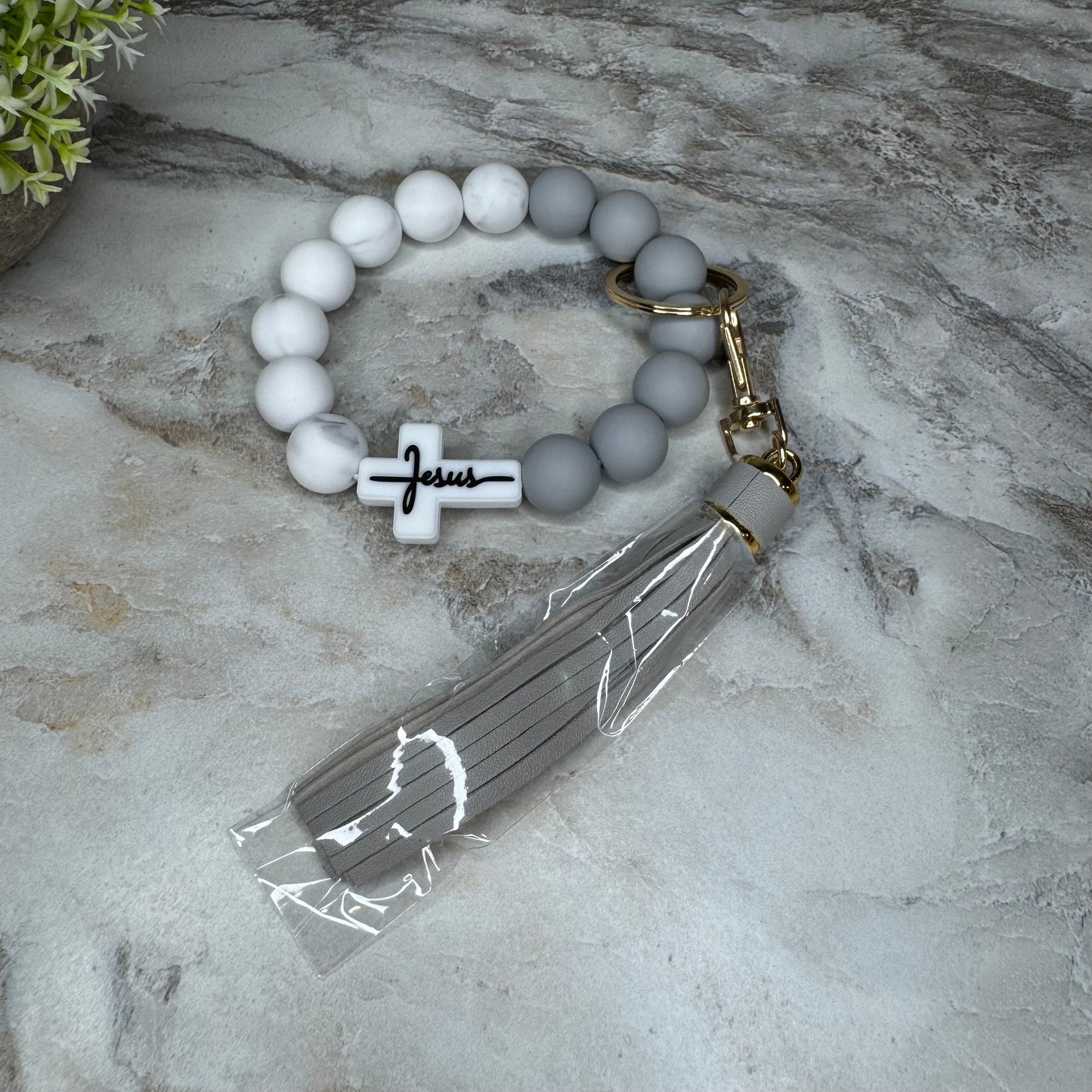 Silicone Bracelet Keychain - Religious, Jesus, White & Grey