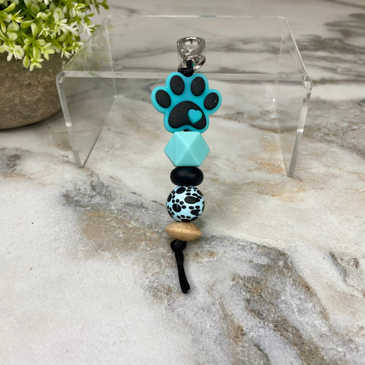 Keychain - Silicone & Wood Bead - Paw Print - Turquoise